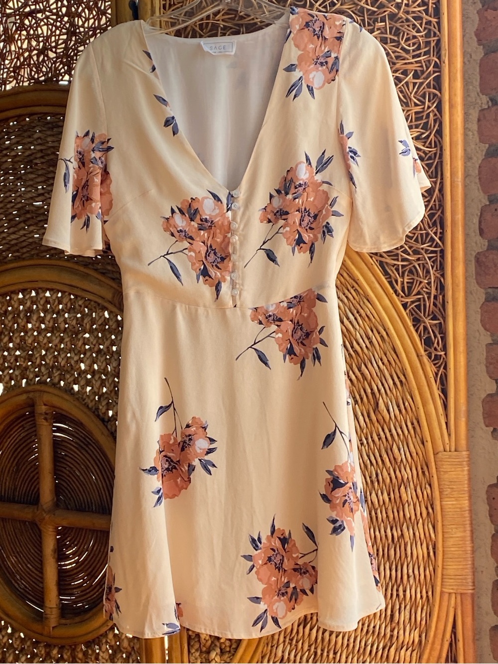 Sage Lined Cream Floral Peach V-Neck Flutter Sleeves Dress with Button Bodice